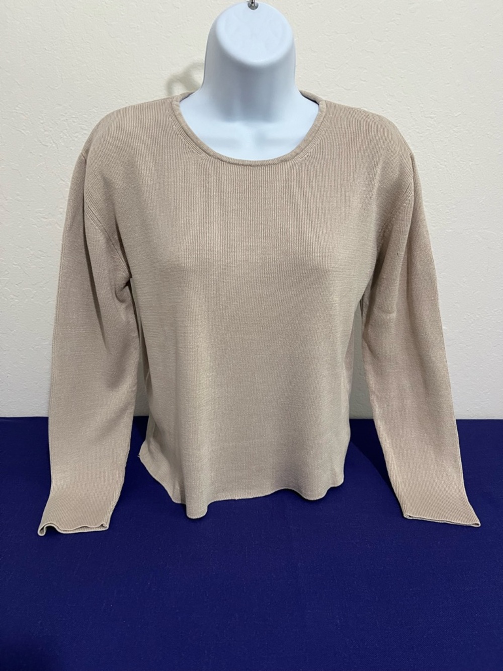 Ann Taylor Loft Silk Light Beige Ribbed Knit Long Sleeve Top